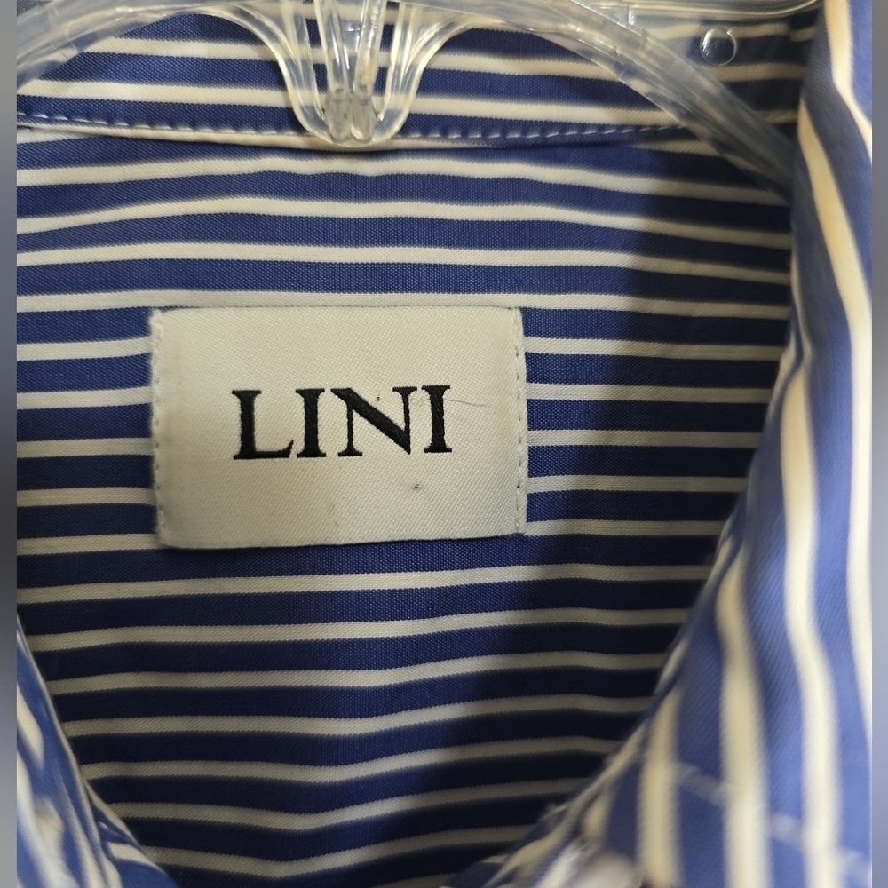 Lini Blue White Striped Shirt Dress Small Button Front Tie Waist Circle Skirt - Picture 6 of 10